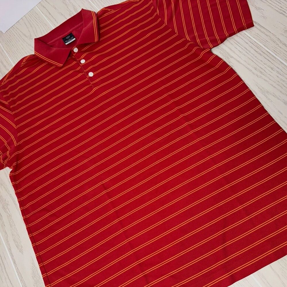 Nike Dri-FIT Polo Golf Shirt Mens XL Red/Yellow Striped Short Sleeve Poly/Cott